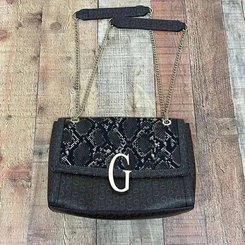 Guess Brown Logo Faux Snakeskin Crossbody Handbag